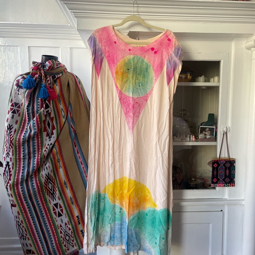 Hand painted silk kaftan by local artist, Rainbow Kimono, sun, moon